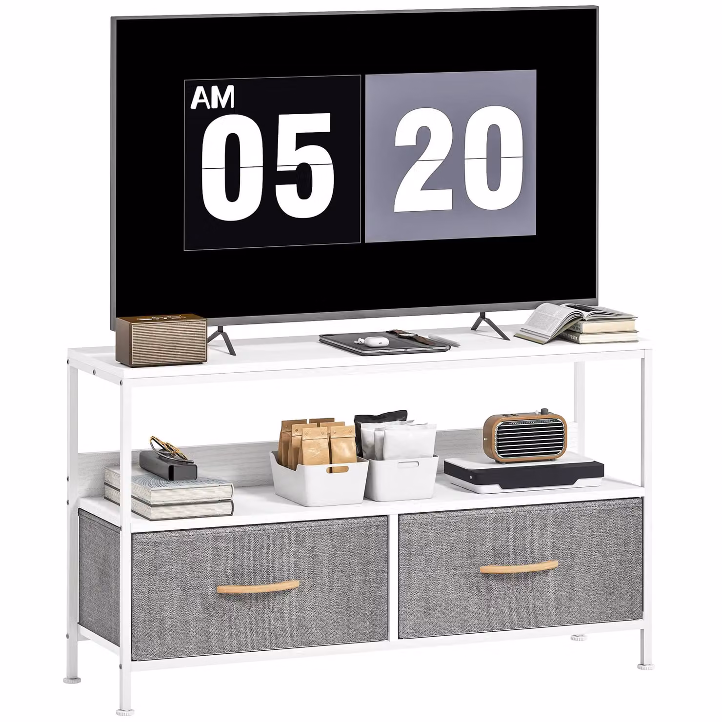 HOMCOM Modern White TV Cabinet with 2 Foldable Linen Drawers – 2