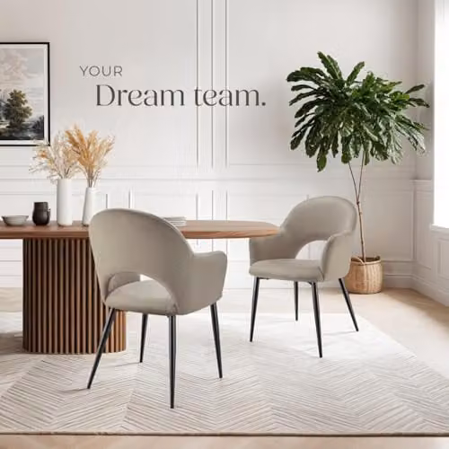 tectake Set of 2 Sasha Dining Chairs in Taupe Velvet Fabric with Metal Legs – 2