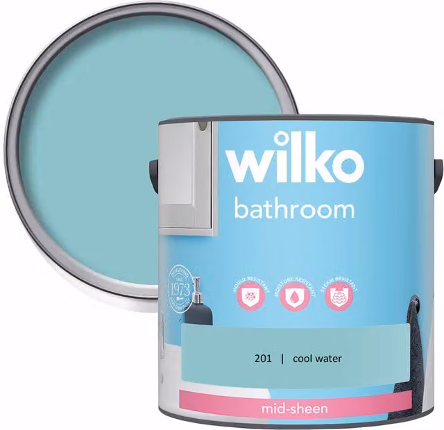 wilko Mid Sheen Emulsion Bathroom Paint, Blue, 2.5 l
