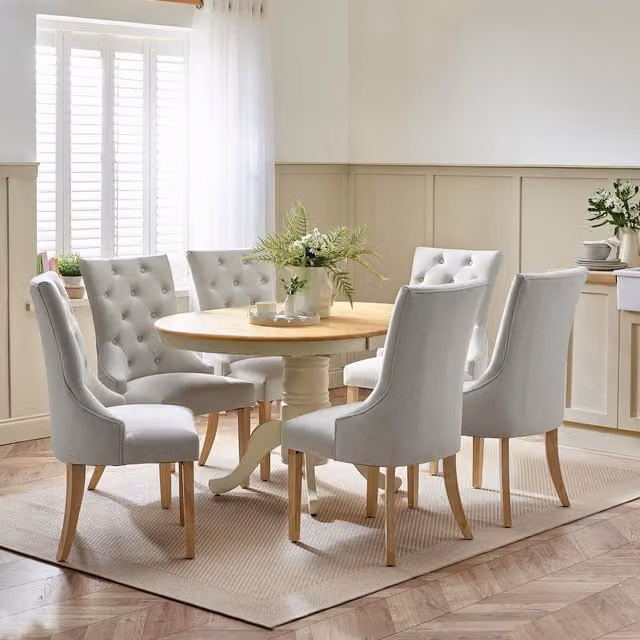 FurnitureboxUK Padstow Round Wooden Extending Dining Table and 6 Beige Belgravia Chairs Set – 1