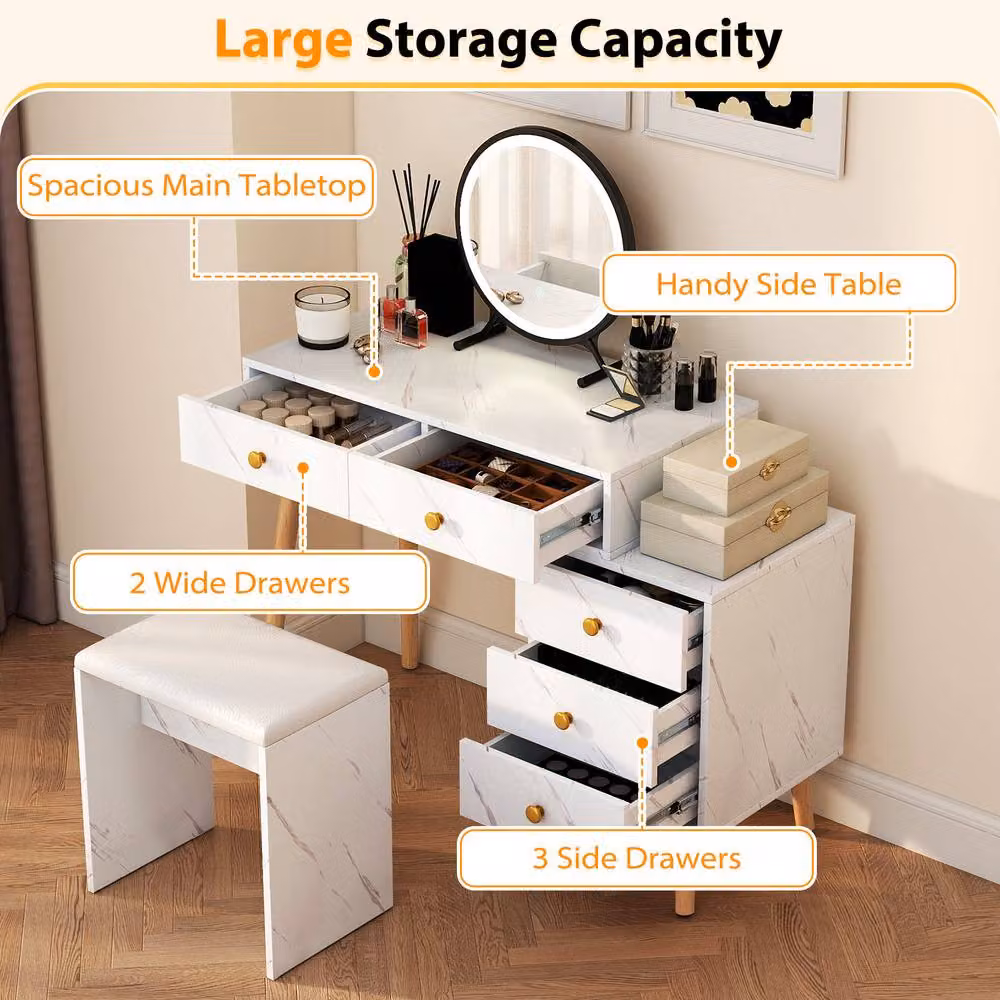 Costway Modern White Makeup Vanity Set with Stool, Hollywood LED Mirror and Marble Top – 2