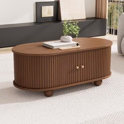 BTM Oval Coffee Table with 2 Sliding Doors and Hidden Compartment, Oak Colour, W/D/H: 100 x 50 x 40 cm