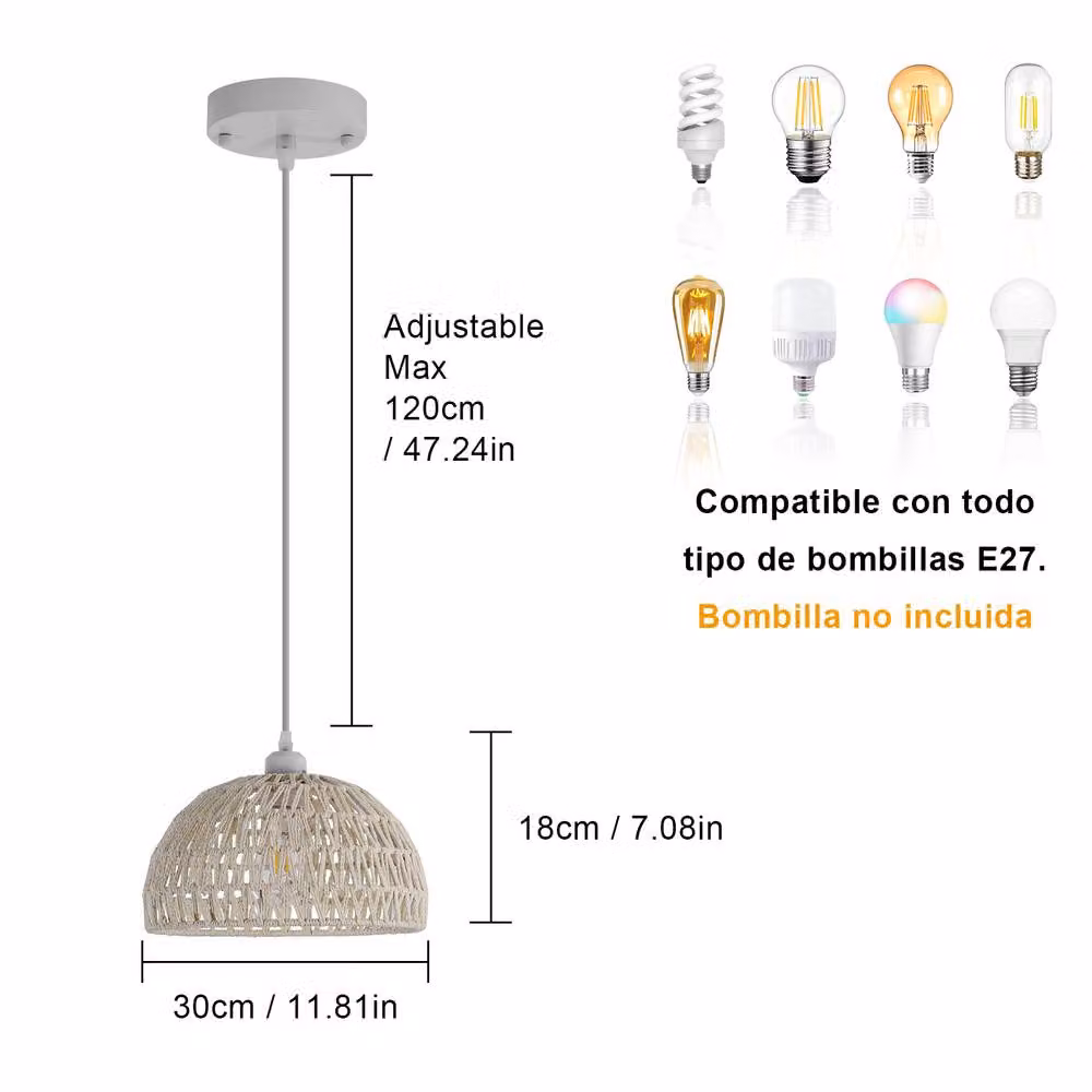Pheashine Beige Rattan Woven Pendant Light with Adjustable Cord and Bulb Included, E27, Height: 130 cm – 2