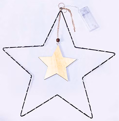 St Helens Home & Garden Battery Powered White Metal Christmas Star with Central Wooden Star and LED String Lights – 6