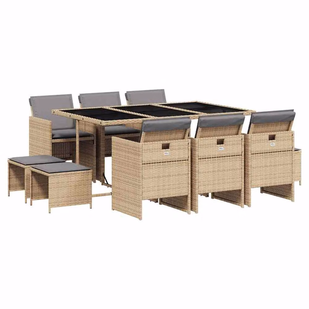 Berkfield Home 11 Piece Garden Dining Set with Beige Cushions and Poly Rattan – 2