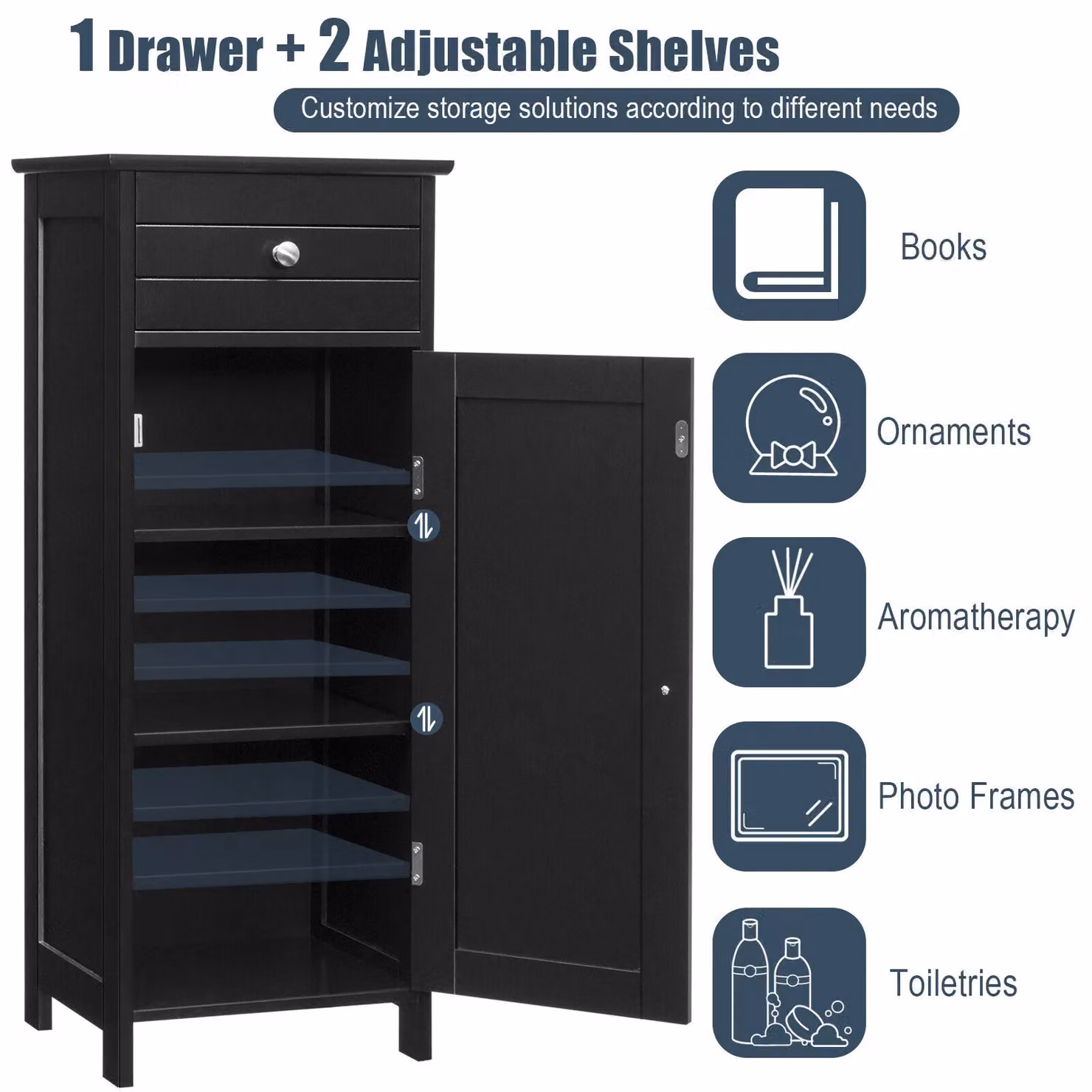 Costway Black Wooden Bathroom Floor Standing Storage Cabinet with Single Door, Drawer and Internal Shelves – 4