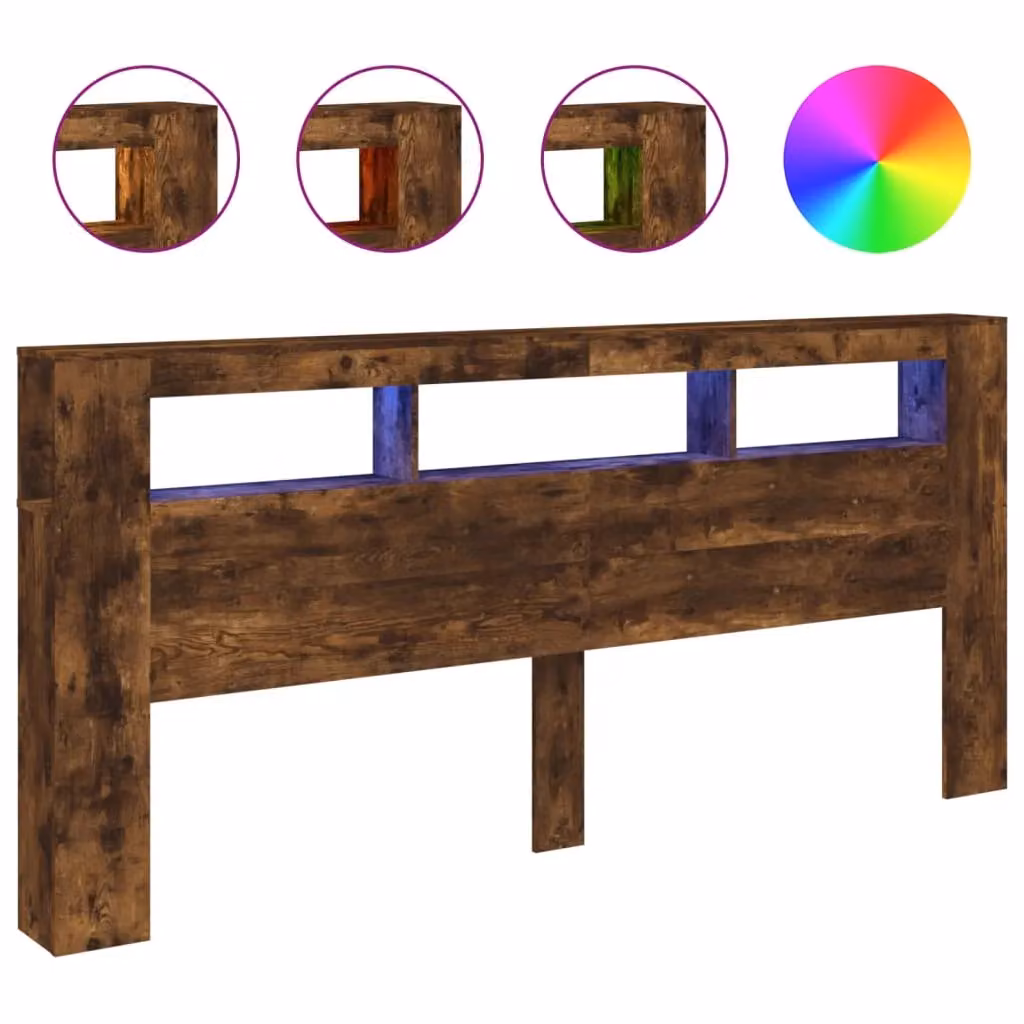 Berkfield Home Smoked Oak LED Headboard in Brown with Integrated Shelf and USB Charging Port, W: 220 cm, D: 18.5 cm, H: 103.5 cm – 2