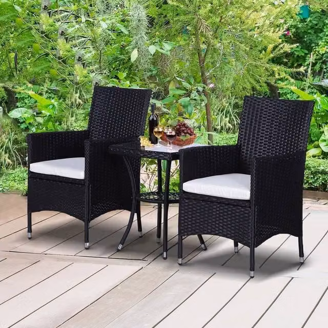 EONLION Black Rattan Bistro Set with Metal and Glass Table for Garden and Terrace, Width: 100 cm – 1