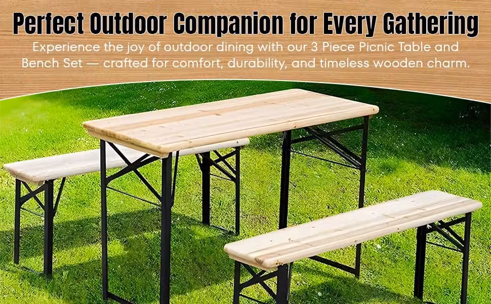 Hygrad 3 Piece Wooden Folding Picnic Beer Table and Bench Set in Brown and Green Spruce Wood – 3