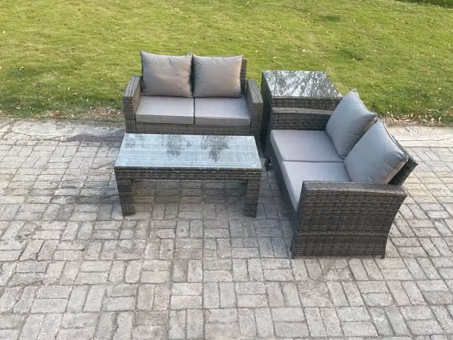 Fimous 4 Piece Poly Rattan Garden Furniture Set in Dark Grey with Upholstered 2 Seater Sofa and Coffee Table