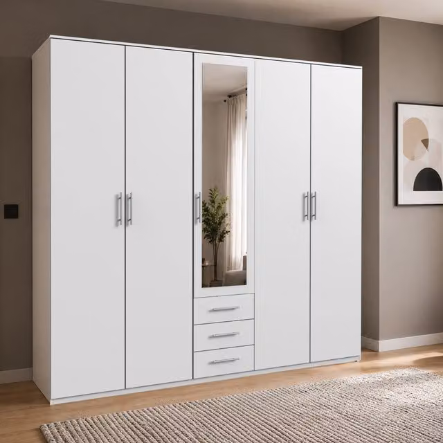 KDMD Ben White 5 Door Wardrobe with Mirror and 3 Drawers, White