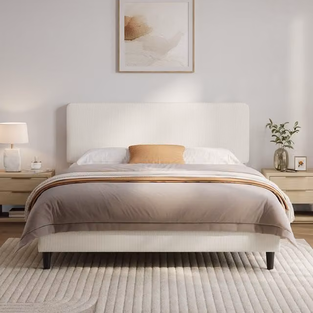 Yaheetech Modern Upholstered Bed Frame with Fabric Headboard in Beige