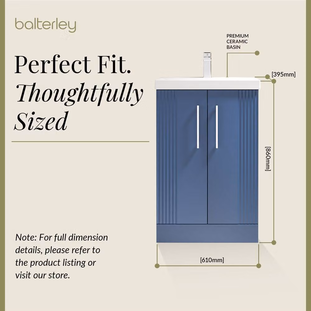 Balterley Satin Blue 2 Door Floor Standing Bathroom Vanity Unit with Thin-Edge Basin, W: 60 cm, H: 86 cm – 4