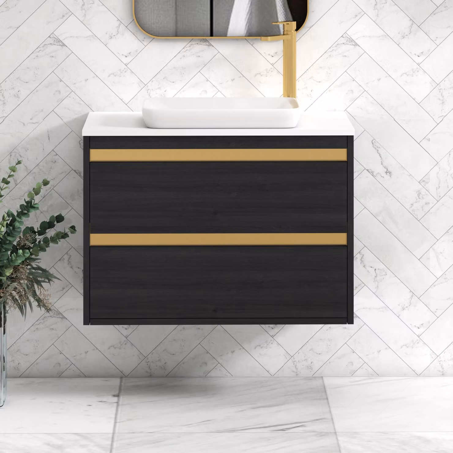 Royal Bathrooms Orion 800mm Hale Wall Hung Vanity Unit with Qubix Basin in Black and White with Brushed Brass Accent Trim