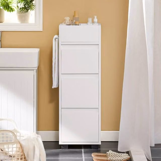SoBuy Slim White Metal Bathroom Tall Cabinet with 3 Drawers and Top Organiser