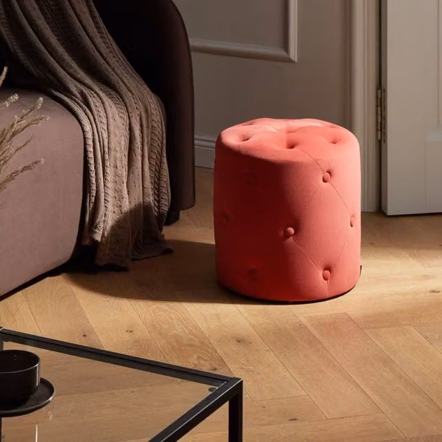Wyld and Coco Round Chesterfield Tufted Velvet Pouffe in Red