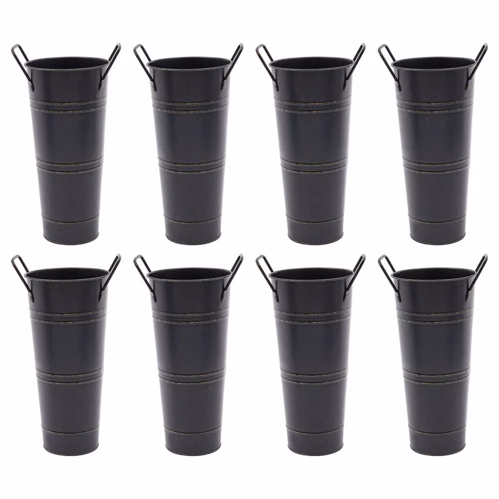 VOGREX 8-Piece Black Cylindrical Metal Flower Vase Buckets and Planters, H 23 cm x W 11 cm x D 11 cm – 3