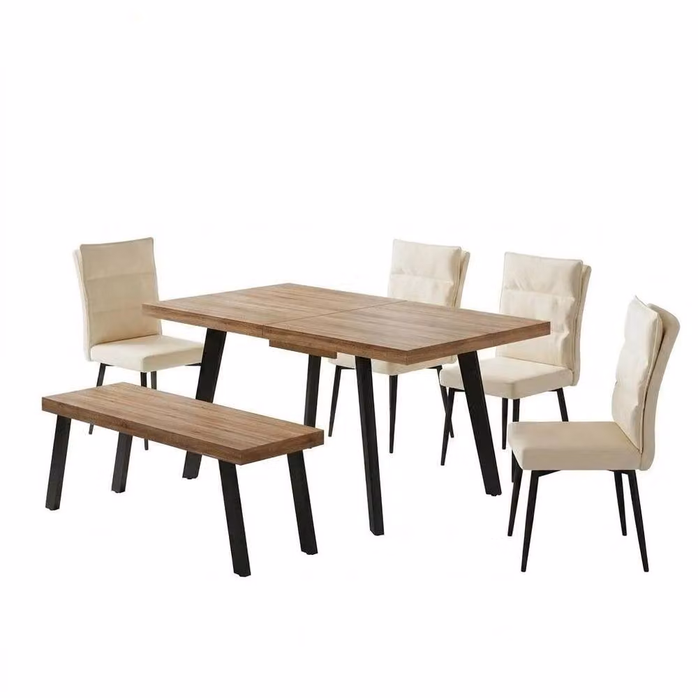 FURNITURE ONE 6-Piece Extendable Dining Set in Beige Oak with Rectangular Table, 4 Chairs and Bench – 2