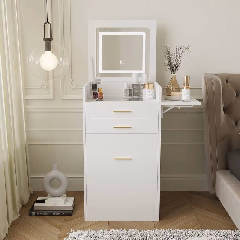FORGEVIO Modern White Dressing Table Set with Hollywood LED Mirror – 4