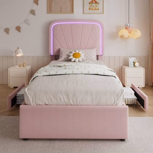 Merax Single Velvet Upholstered Bed Frame with LED Lighting and Drawers, Pink, W/D/H: 90 x 190 cm