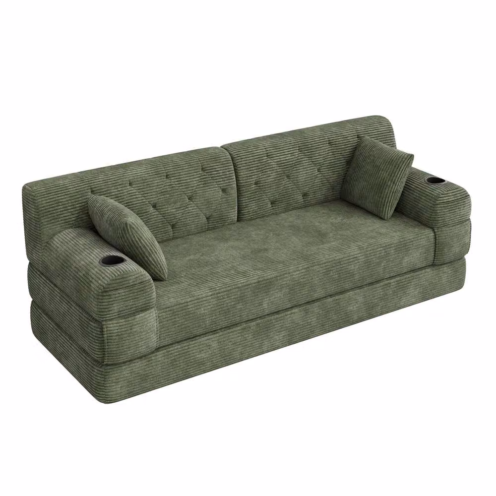 Matteo Green Corduroy 3-Seater Sleeper Sofa with Cup Holders and Metal Frame – 3