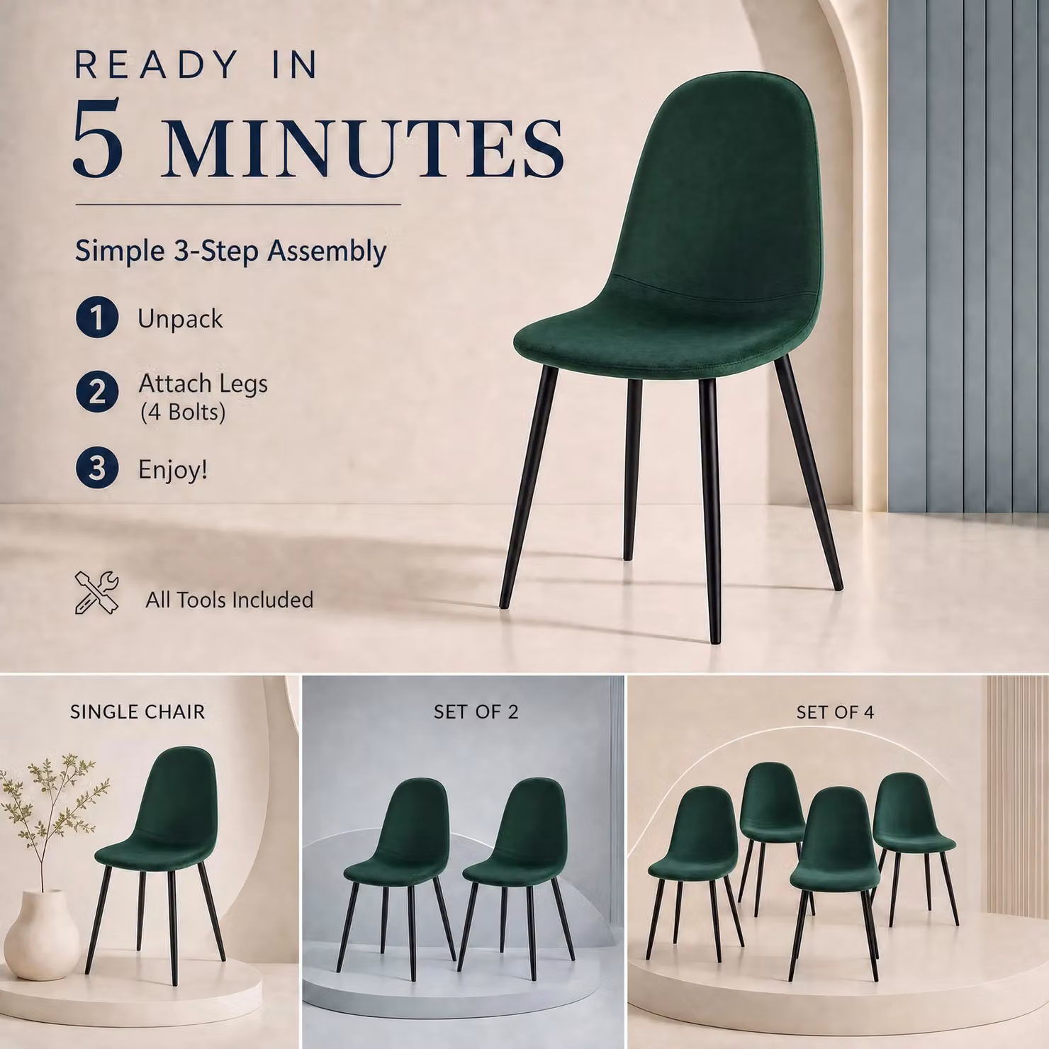 Bravich LTD Ron Velvet Dining Chairs in Green, Pack of 4 – 6
