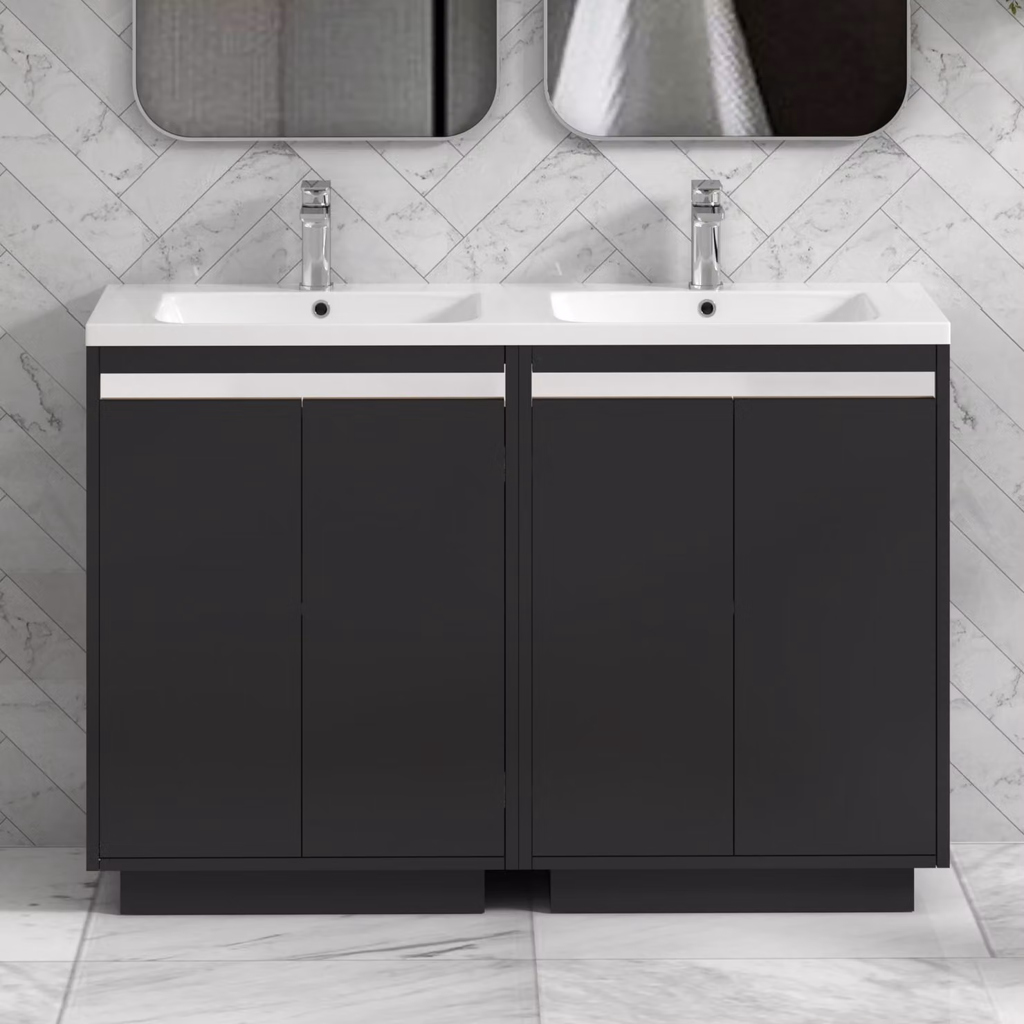 Royal Bathrooms Orion 1200 Matt Obsidian Black 4 Door Floor Standing Vanity Unit with Ceramic Basin and Chrome Accent Trim