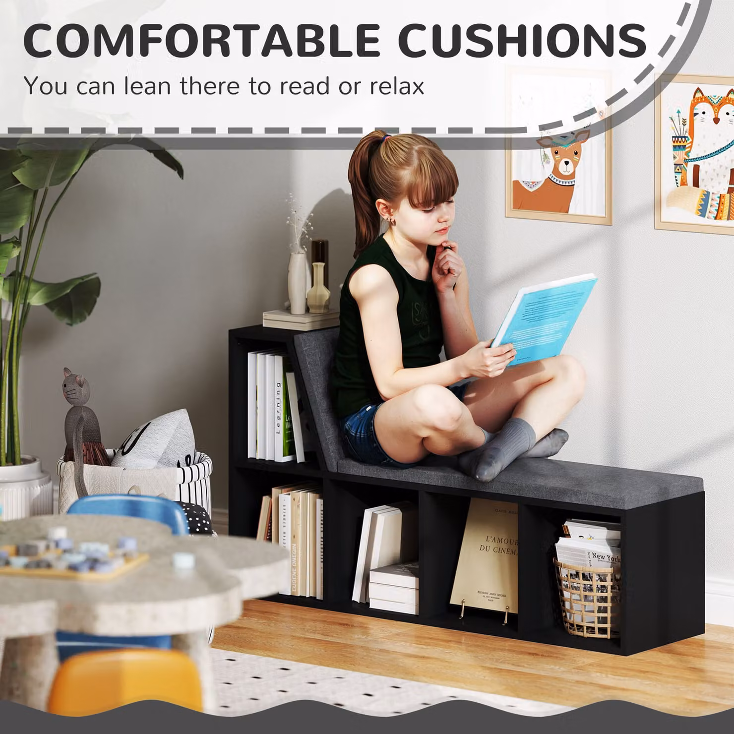 HOMCOM 2 Tier Modern Black Wood Bookshelf with Removable Cushions – 6