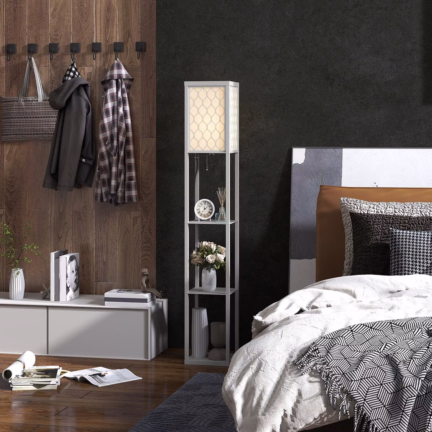 HOMCOM Three-Shelf Standing Floor Lamp in Grey and White with Wood and Metal Design – 5