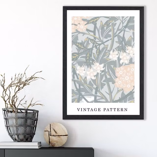ARTZE William Morris Jasmine Floral Art Print in Green and Peach with Black Frame, A3 – 1