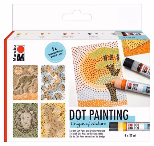 Marabu Origin of Nature Dot Pen Set, 4 x 25 ml Water-Based Dot Paint in Yellow, Orange, Brown and Multicolour for Dot Painting Technology