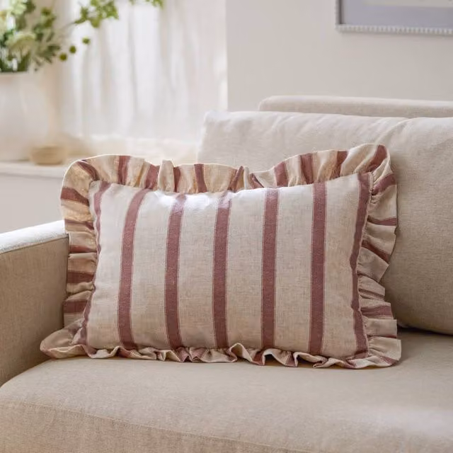 Wylder Haus Connie Striped Ruffle Linen Cushion in Pink, W: 50 cm, H: 35 cm