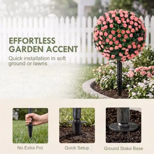 HOMCOM Set of 2 Pink Artificial Rose Topiary Trees, UV-Resistant Round Floral Plants, Height: 55 cm, Width: 30 cm, Depth: 30 cm – 5