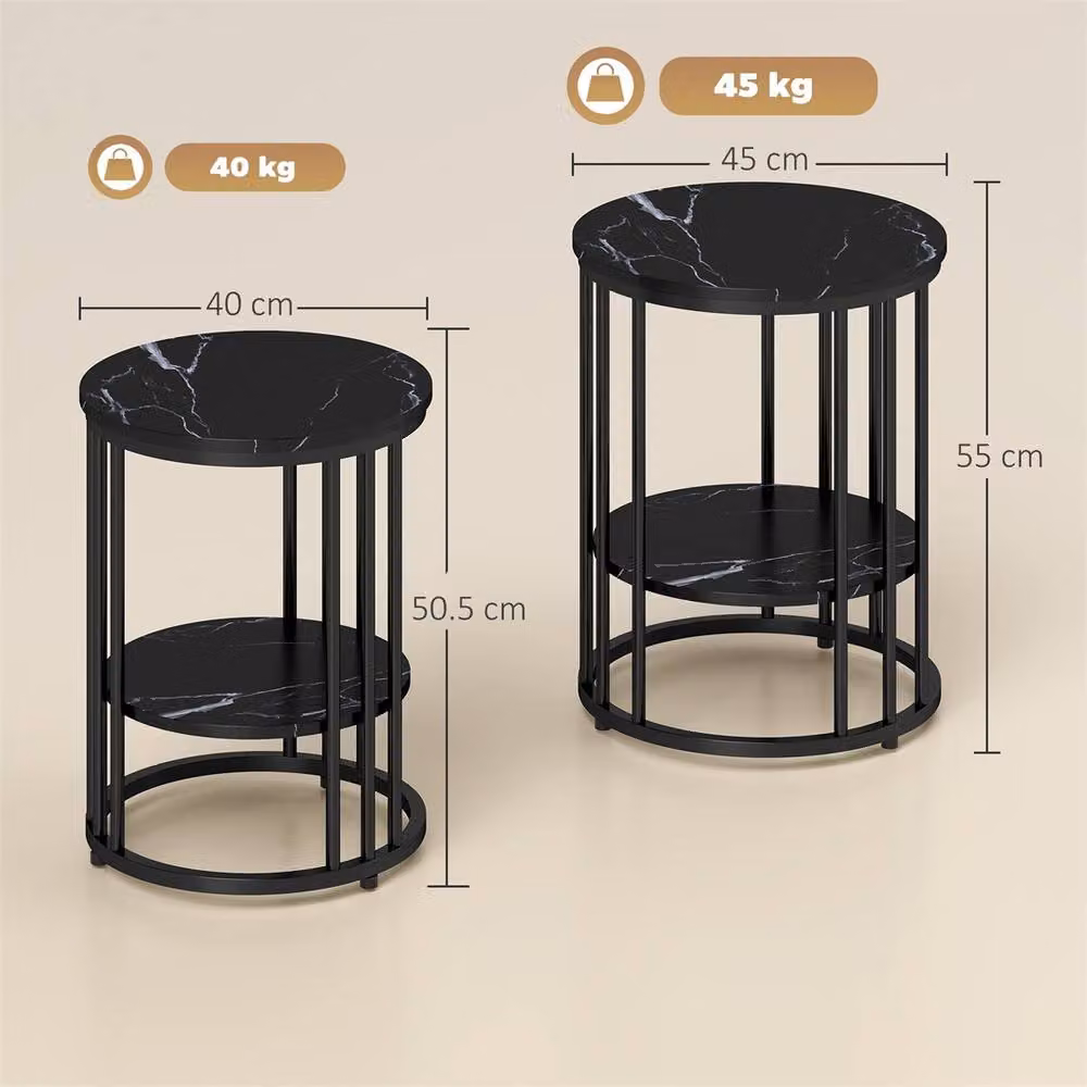 Kelvenix Set of 2 Black Marble-Effect Round Coffee Tables with Glossy MDF Laminate and Metal Accents – 2