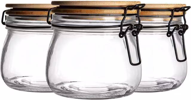 Argon Tableware Set of 3 Transparent Glass Storage Jars with Black Wooden Clip Lids, 0.5 l