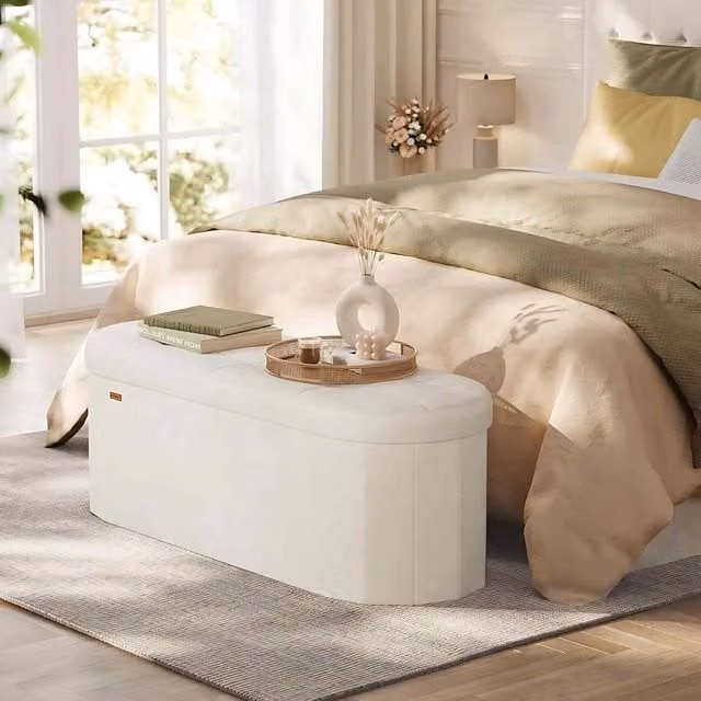 The Bazaarist Foldable Velvet Storage Ottoman Bench in White – 1