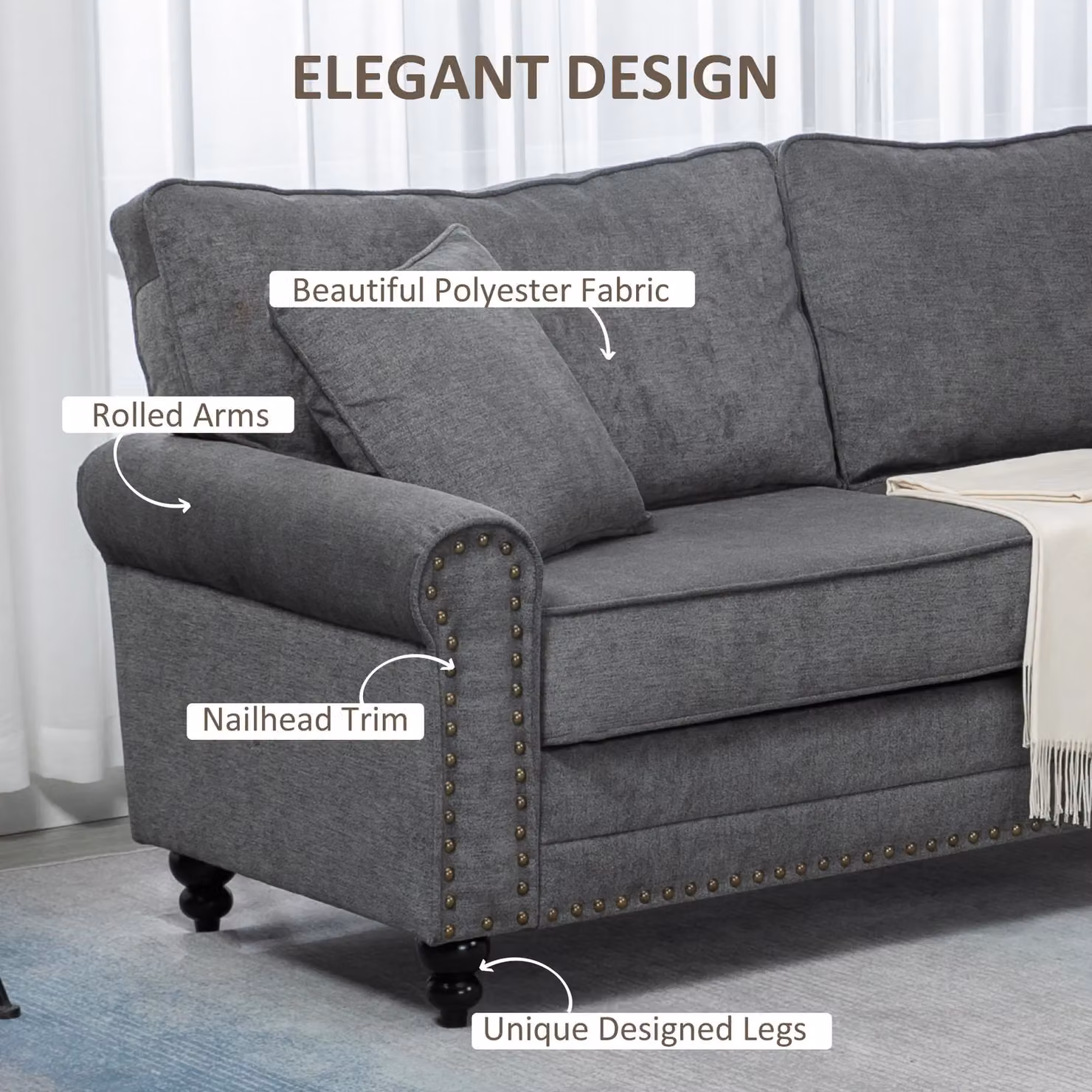 HOMCOM 3 Seater Fabric Sofa in Grey with Scatter Cushions and Nailhead Trim – 3
