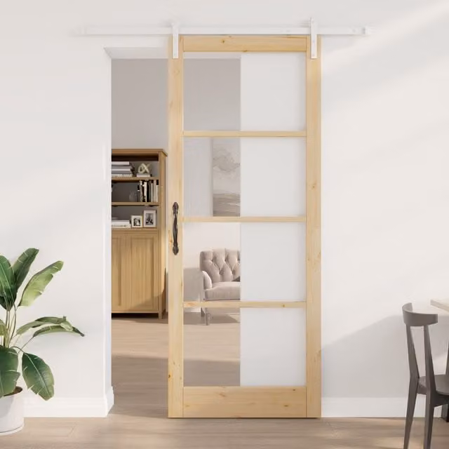 Berkfield Home Orkdal Minimalist Sliding Door with Hardware Set in Brown, Wood and Glass, H: 232 cm, W: 93 cm