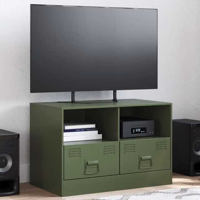 Berkfield Home Industrial Metal TV Cabinet in Matt Olive Green, W: 67 cm, D: 39 cm, H: 44 cm