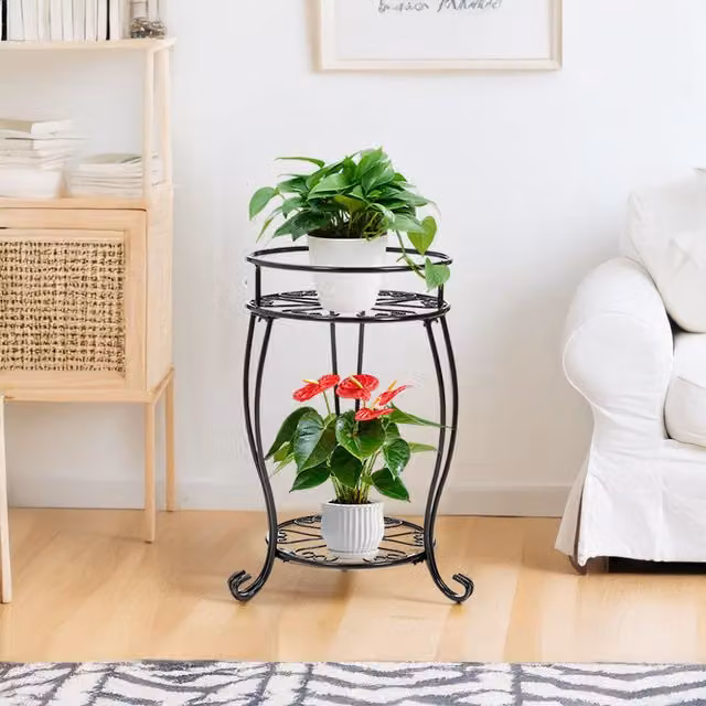 Livingandhome 2-Tier Black Metal Plant Stand for Indoor and Outdoor Use