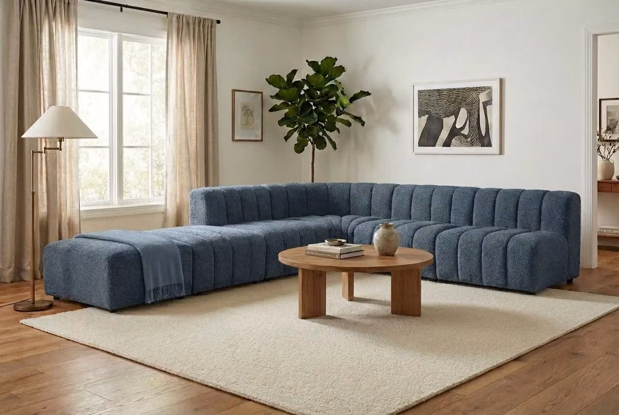 Araco Atelier Leo Corner Spindle Sofa in Fabric, Left Facing, Available in Beige, Grey or Blue