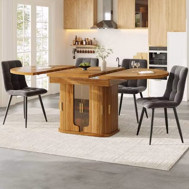 Rolipo Extendable Walnut Dining Table, Round to Oval, 6 Seater with Storage, Brown – 1