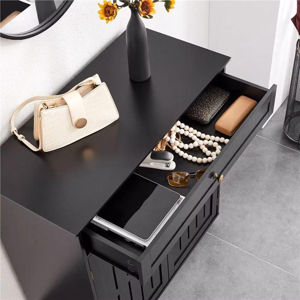 Kelvenix Black Wooden Shoe Storage Cabinet with Hinged Doors and Internal Shelves – 4