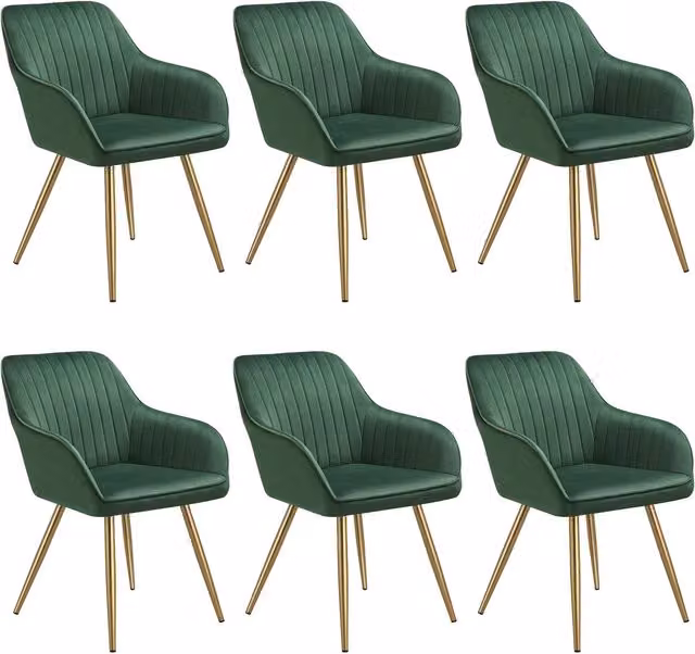 tectake Marilyn Set of 6 Modern Velvet Dining Chairs in Dark Green and Gold – 1