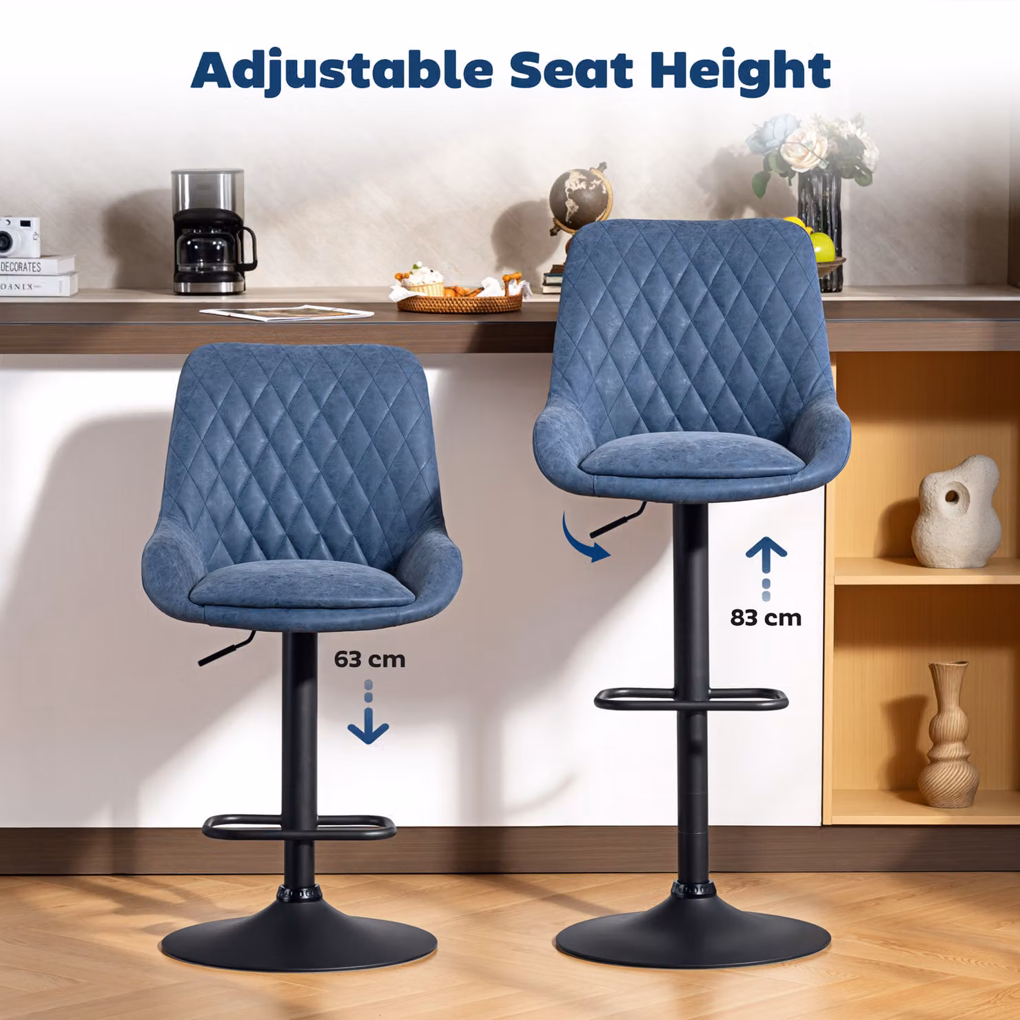 HOMCOM Set of Two Retro Faux Leather Bar Stools with 360 Degree Swivel and Padded Cushions, Blue – 3