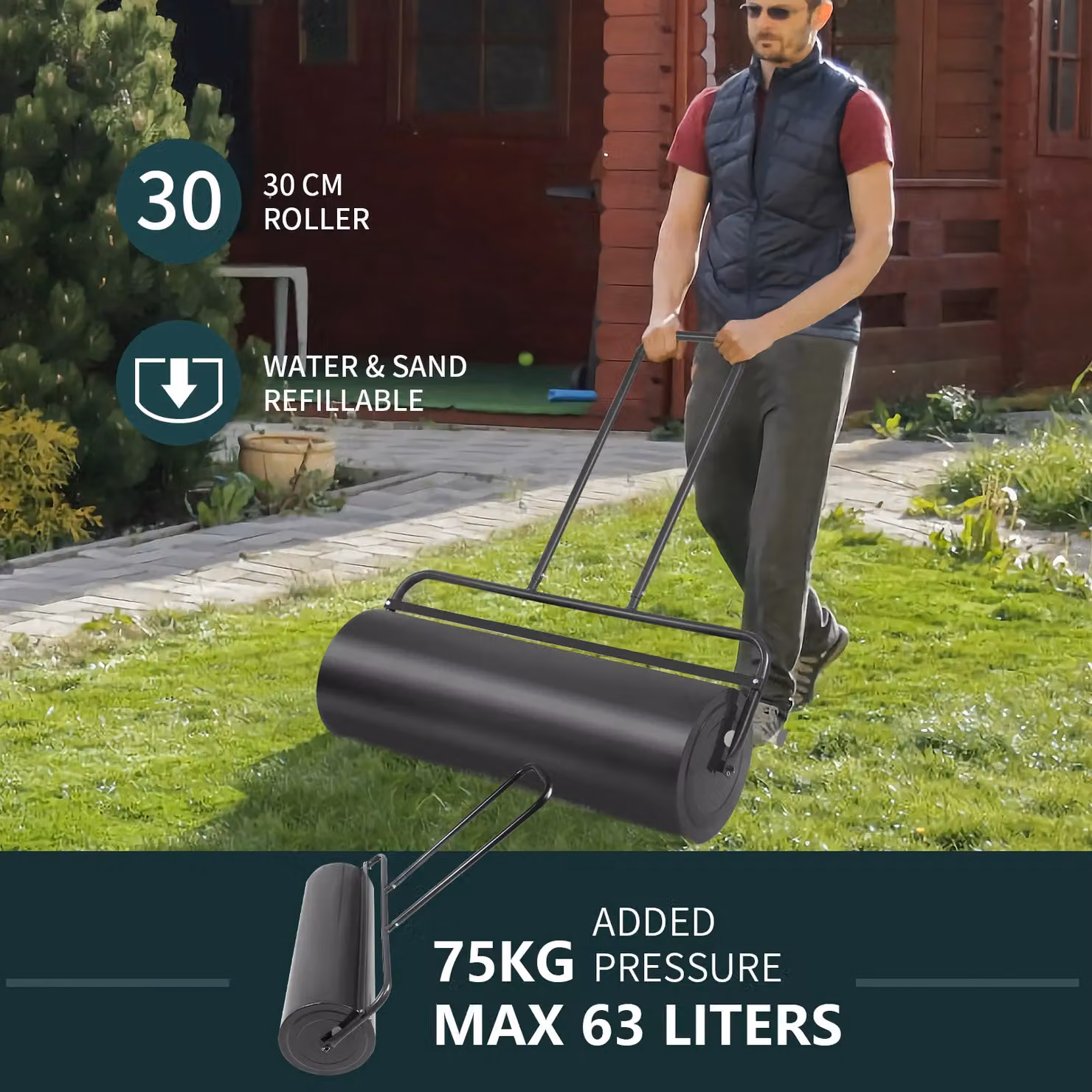 Costway 63L Metal Garden Lawn Roller with U-Shaped Handle, Black – 4