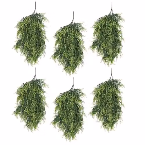 Pack of 6 Green Leaf Artificial Hanging Plants, UV and Fire Resistant, 85cm – 1