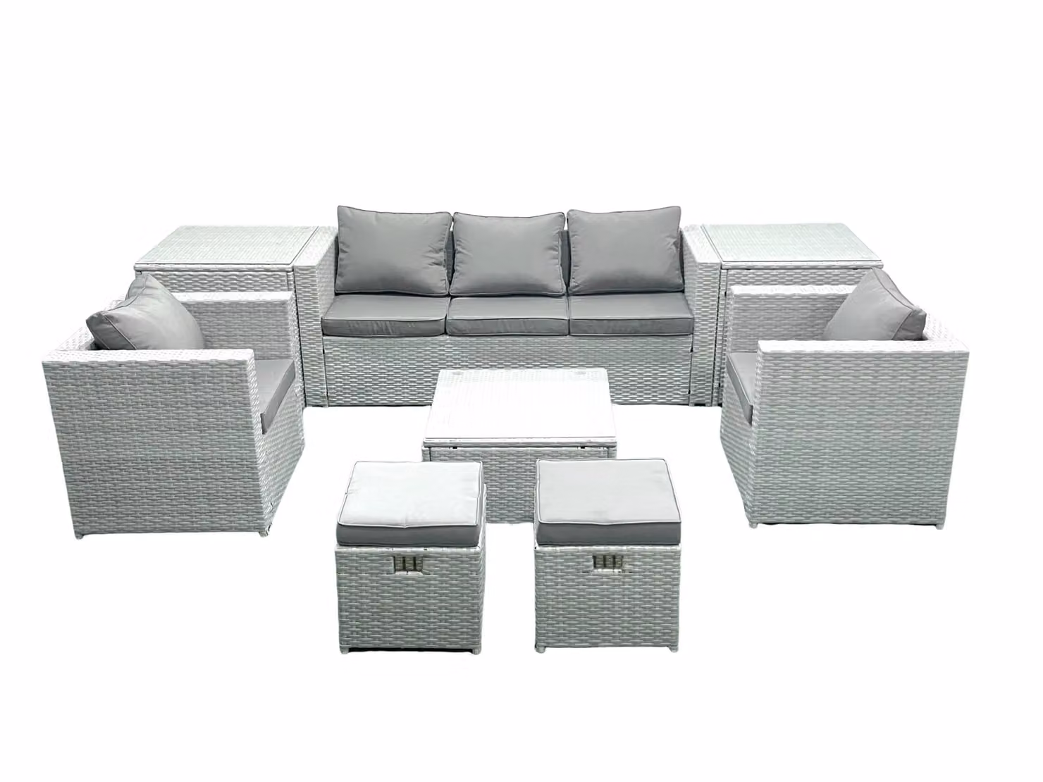 Fimous 7 Seater Rattan Garden Furniture Set in Light Grey with 3 Seater Sofa, 2 Chairs, Square Coffee Table, 2 Footstools and 2 Side Tables – 2