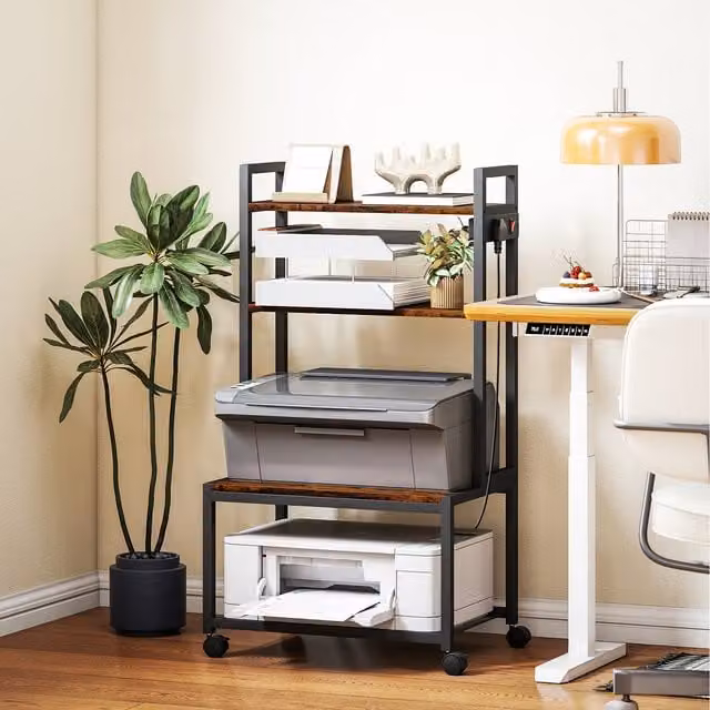 HOMCOM Mobile Printer Stand with Power Outlets for Home Office, Rustic Brown