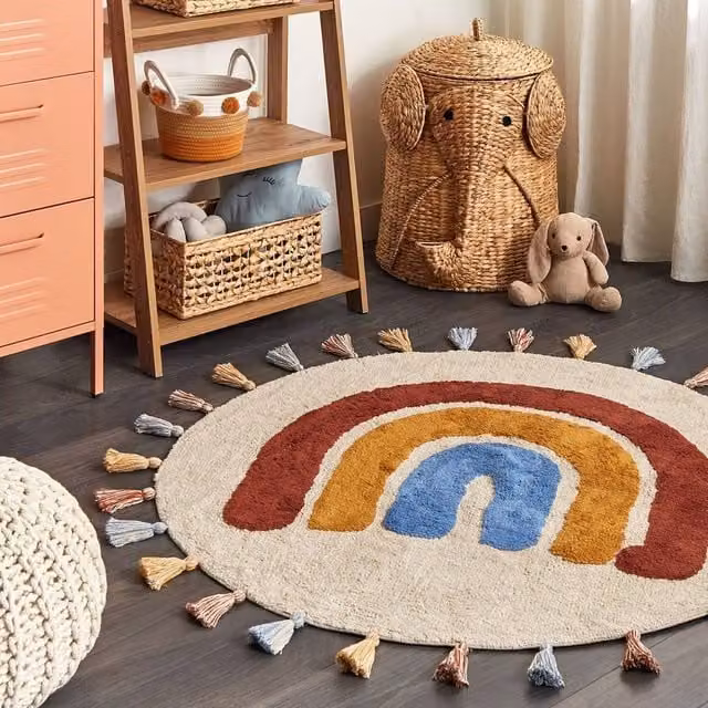 Wyld and Coco Laurel Rainbow Round Woven Cotton Rug with Fringes, Multicolour, Diameter: 120 cm